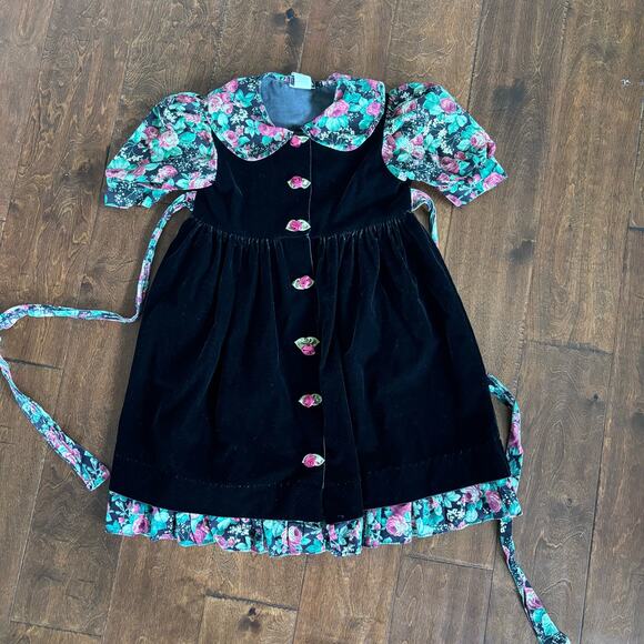 Vintage Jo Lene Girls Dress Small 6 Black Floral Velvet Collared Made in USA - Picture 1 of 9